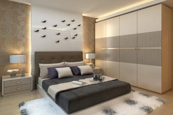 Interiors a bedroom with accent wall and floor to ceiling wardrobe2