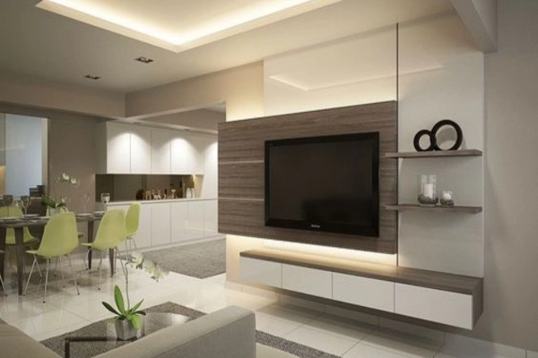 Interiors the tv unit in the center and open shelves in living room 3